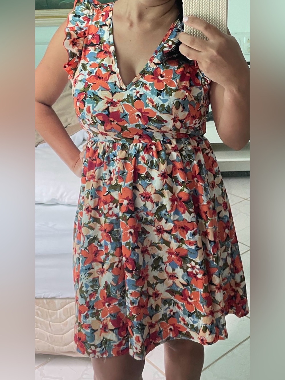 V-Neck Floral Sundress in Orange, Blue, and Cream